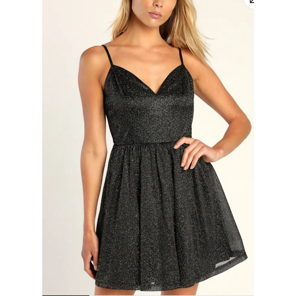 Women's Lulus Black Glitter Skater Mini Dress L - Picture 2 of 9